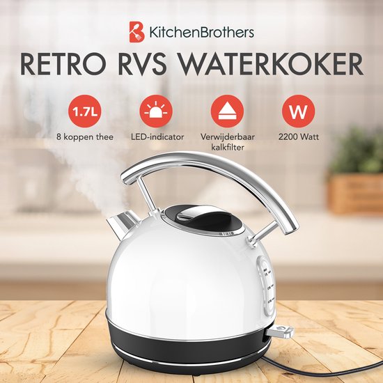 KitchenBrothers Waterkoker Retro - 1,7L - Vintage - 2200W - RVS - Wit