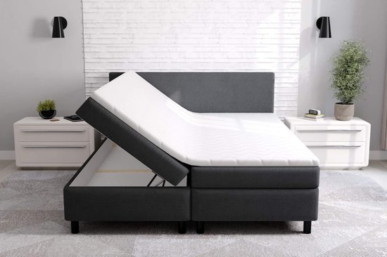 Boxspring met Opbergruimte erolla- 180x200cm- zwart stof- met vaste matras en topper 8 cm dik- seatsandbeds - compleet bed met matras en topper