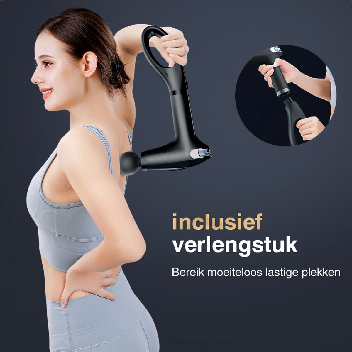 Afbeelding 3 van GoGoods® Massage Gun - Luxe Massage Pistool - Draadloos - Incl. Verlengstuk - Professioneel - 8 Standen - 4 Opzetstukken