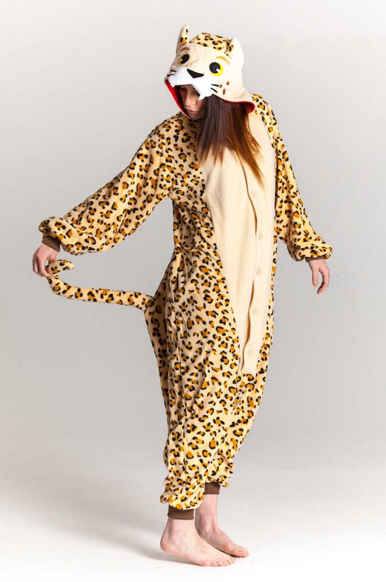KIMU Onesie Luipaard Pak - Maat 152-158 - Luipaardpak Kostuum Panter Cheetah - Kinder Jumpsuit Pyjama Dierenpak Huispak Jongen Meisje Carnaval Carnavalspak