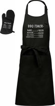 Luxe BBQ- en keukenschort - tesktschort - BBQ Timer - 76 x 90 cm - verstelbaar en voorvak - met barbecue handschoen - one size - zwart