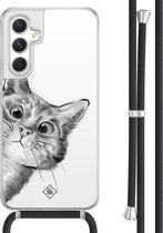 Casimoda® hoesje met koord - Geschikt voor Samsung A54 - Peekaboo Kat - Afneembaar koord - TPU/acryl - Wit