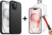 iPhone 15 Zwart Siliconen Hoesje met 2x Tempered Glass Screenprotector - Epicmobile
