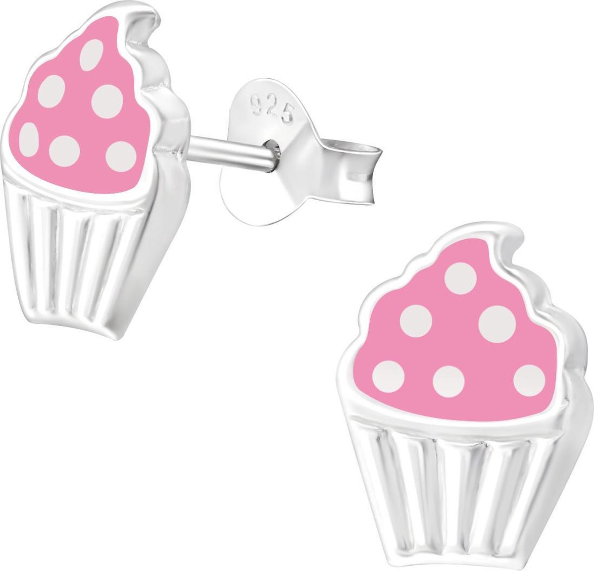 Kinderoorbellen cupcake roze met witte stippen