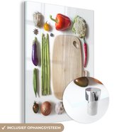 MuchoWow® Glasschilderij 60x80 cm - Schilderij acrylglas - Diverse groenten en fruit naast de snijplank - Foto op glas - Schilderijen