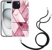 Cazy Hoesje met koord geschikt voor iPhone 15 Roze Marmer Mix