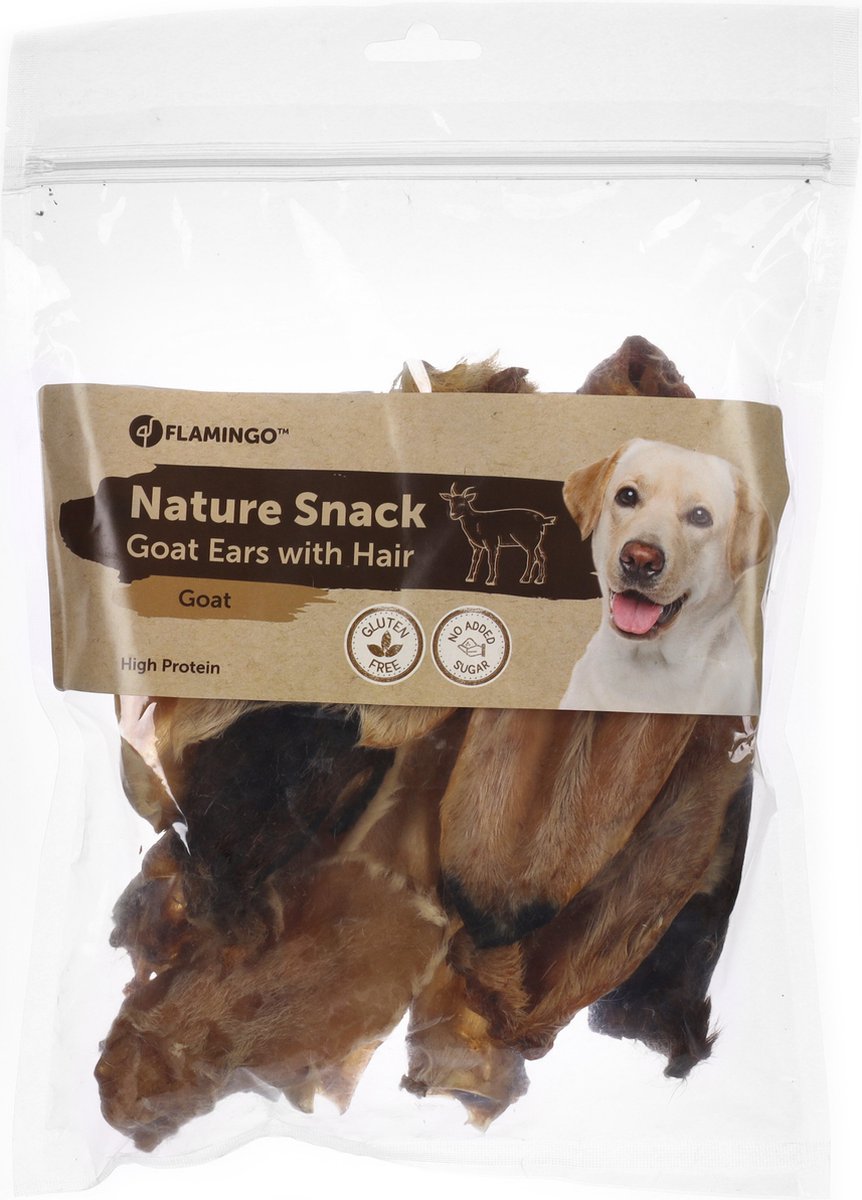 Hondensnack – Flamingo Nature Geitenoor met haar 200g – natuurlijke hondensnacks – gebitsreiniging & spijsvertering
