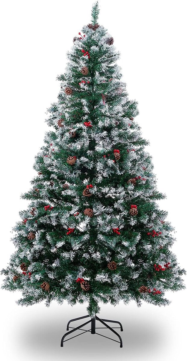 besneeuwd, 180 cm, met 1000 besneeuwde takken, dennenappels en rode vruchten, stabiele ijzeren standaard, voor decoratie van feestjes met Kerstmis in huis,