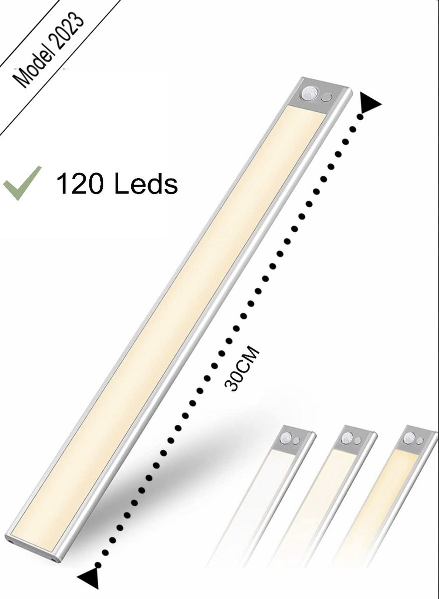Led lamp - Led Strip - 30 cm-120 Leds -Accu -3 standen -warm licht, koud licht, fel licht - lichtsensor-bewegingssensor-Opladen USB C keuken trap verlichting
