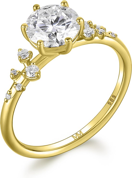 Aurora - 14k Geelgouden Moissanite Ring met Minimalistische Zijstenen - 3 karaat