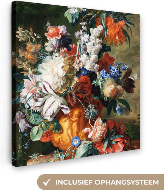 Canvas - Schilderij Kunst - Oude meesters - Boeket bloemen in een urn - 20x20 cm - Wanddecoratie - Woonkamer