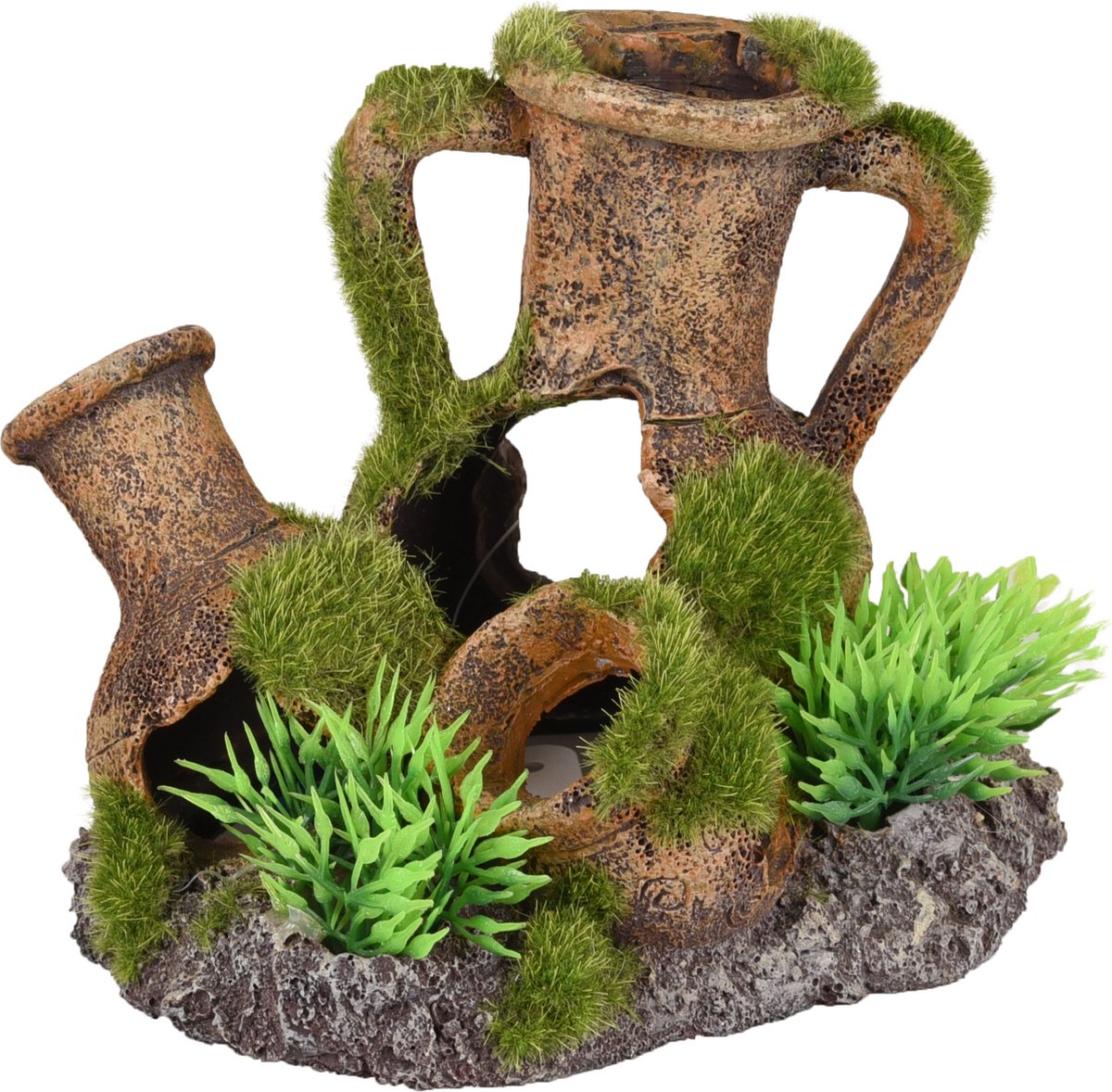 Flamingo - Aquariumdecoratie  Moza kruiken met plant - Bruin - 12 x 9 x 10 cm