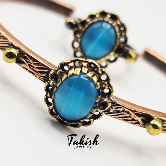 Koperen Armband en Ring met Blauwe Kattenoog Edelsteen - Handgemaakte Natuurlijke Koperen Sieraden