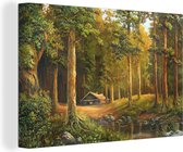 Canvas schilderij 180x120 cm - Wanddecoratie Een illustratie van een huisje in een bos - Muurdecoratie woonkamer - Slaapkamer decoratie - Kamer accessoires - Schilderijen