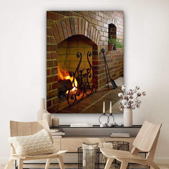 Feu dans une cheminée 120x160 cm - Tirage photo sur toile (Décoration murale salon / chambre) XXL / Grand format!
