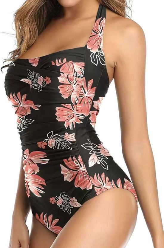 Badpak met bloemenprint- Corrigerend Ruches Zwempak- Hoog uitgesneden badpak met halterneck- Bikini Strandkleding Zwemkleding Tankini 109- Zwart roos- Maat M