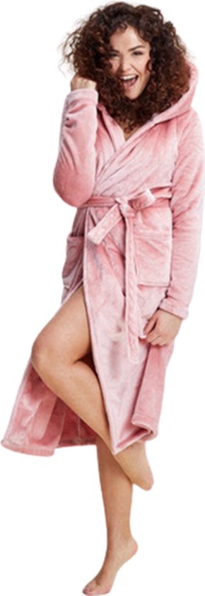 Charlie Choe badjas dames - 100 % zacht fleece - lang model - dames badjas met capuchon - trendy ochtendjas - roze - maat XL