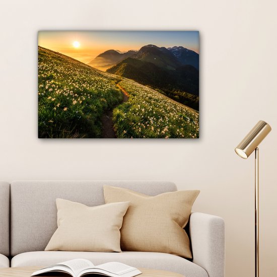Canvas schilderij 180x120 cm - Wanddecoratie Bloemen - Zon - Bergen - Muurdecoratie woonkamer - Slaapkamer decoratie - Kamer accessoires - Schilderijen