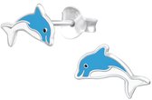 Joy|S - Zilveren dolfijn oorbellen - 10 x 6 mm - wit blauw - oorknoppen