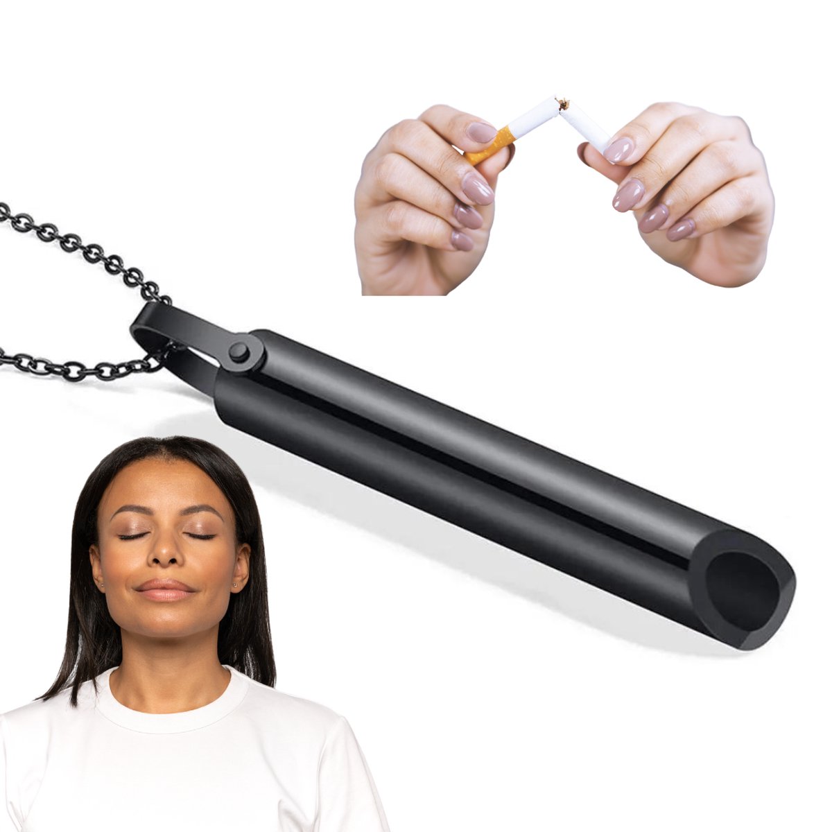 Stoppen met Roken Fluitje aan Ketting - Zwart - Ademhalingstool - Anti-Stress ketting: helpt bij Angsten, Stress, Paniekaanvallen en Hyperventilatie