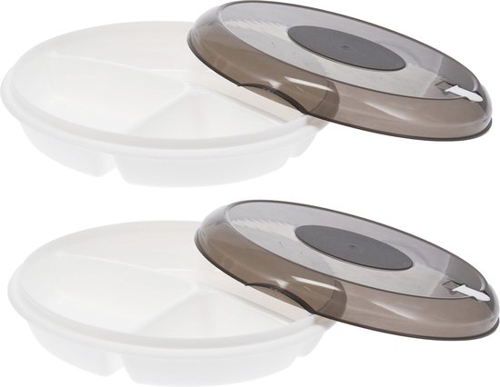 Excellent Houseware Plat à micro-ondes avec compartiments - 2x - couvercle - beige - plastique - Dia 24 x H 6,5 cm