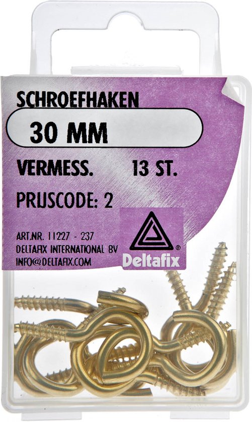 Verpakking met 13 messing schroefhaken van 30 mm.