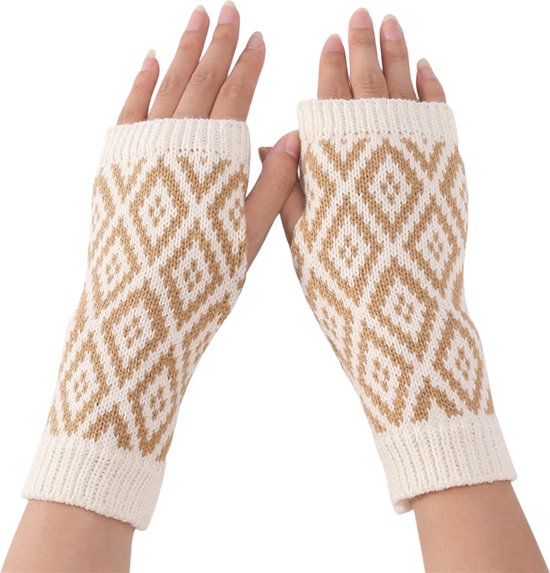 Warme Polswarmers - Vingerloze Gebreide Handschoenen Dames - Beige Wit Ruit Patroon - Acryl
