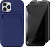 Hoesje Pasjeshouder geschikt voor iPhone 15 Pro Max - 2x Privacy Screenprotector FullGuard - Siliconen Case Back Cover Blauw & Screen Protector