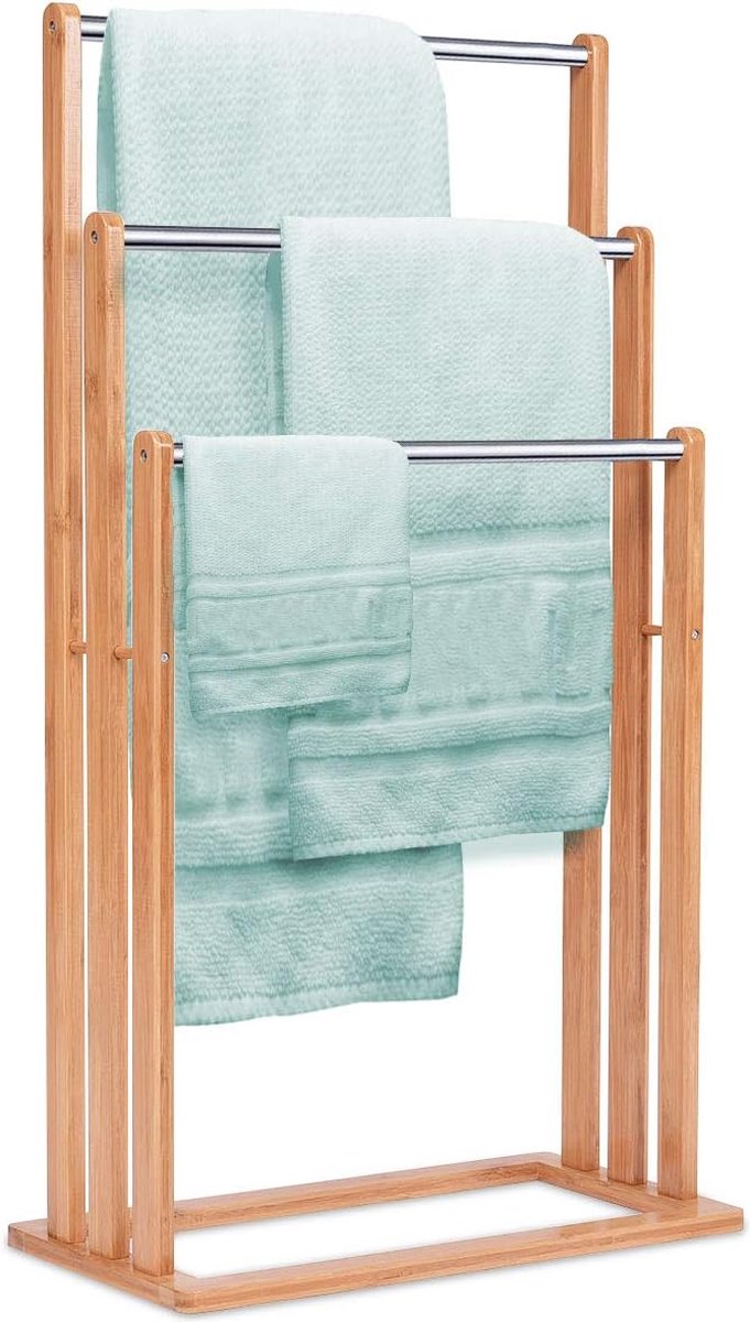 Vrijstaand handdoekenrek, Stevig bamboe handdoekenrek, badkamer organizer met 3 handdoekenrekken, handdoekenrek gemaakt van bamboe en roestvrij staal