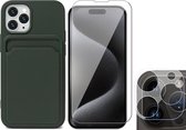 Hoesje Pasjeshouder geschikt voor iPhone 15 Pro Max - Screenprotector GlassGuard + Camera Lens Screen Protector - Siliconen Case Back Cover Groen
