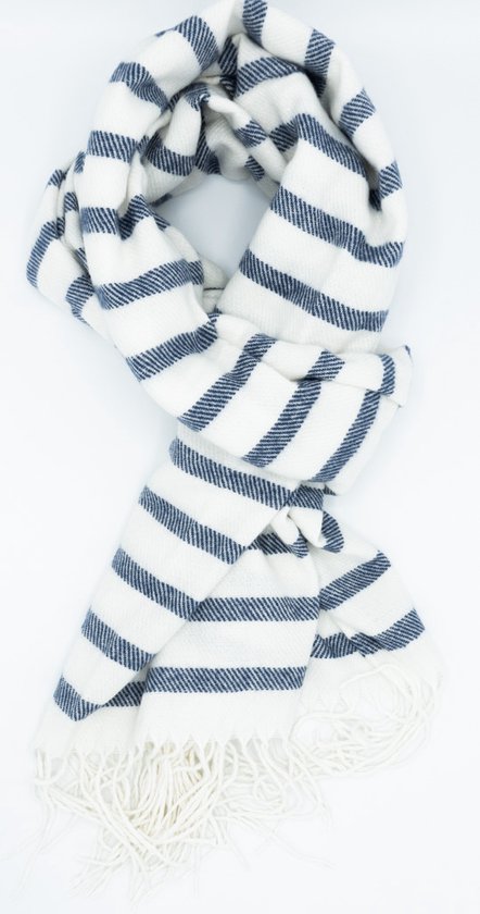 Warme sjaal - Hublot sjaal - Sjaal gestreept - roomwit met blauw - streep sjaal - winter sjaal - kado vrouw -