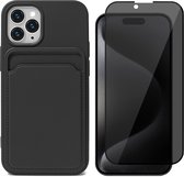 Hoesje Pasjeshouder geschikt voor iPhone 15 Pro Max - Privacy Screenprotector FullGuard - Siliconen Case Back Cover Zwart & Screen Protector
