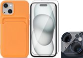 Hoesje Pasjeshouder geschikt voor iPhone 15 Plus - Screenprotector GlassGuard + Camera Lens Screen Protector - Siliconen Case Back Cover Oranje