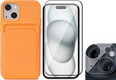 Hoesje Pasjeshouder geschikt voor iPhone 15 - Screenprotector FullGuard + Camera Lens Screen Protector - Siliconen Case Back Cover Oranje