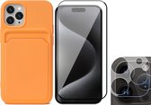 Hoesje Pasjeshouder geschikt voor iPhone 15 Pro Max - Screenprotector FullGuard + Camera Lens Screen Protector - Siliconen Case Back Cover Oranje