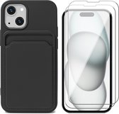 Hoesje Pasjeshouder geschikt voor iPhone 15 - 2x Screenprotector GlassGuard - Siliconen Case Back Cover Zwart & Screen Protector
