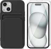 Hoesje Pasjeshouder geschikt voor iPhone 15 Plus - Screenprotector GlassGuard - Siliconen Case Back Cover Zwart & Screen Protector