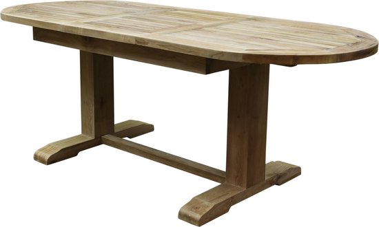 Table à manger ovale extensible 160-210x90xH77 cm plateau teak épaisseur 4 cm (pieds 12x12cm)