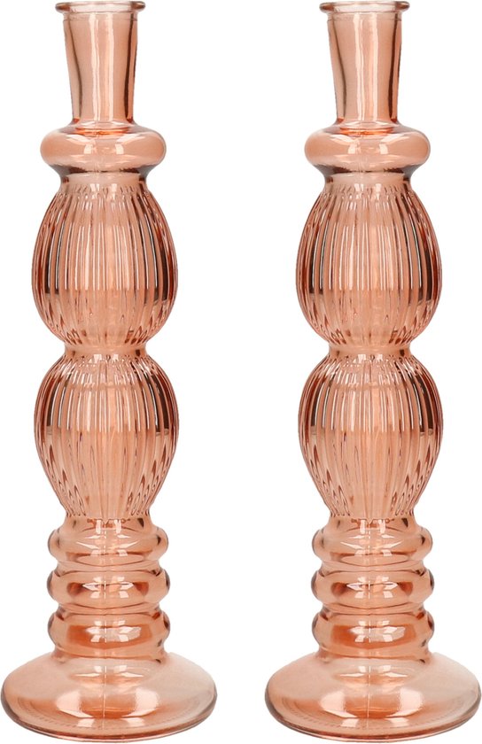 Kaarsen kandelaar Florence - 2x - zacht oranje glas - ribbel - D9 x H28 cm