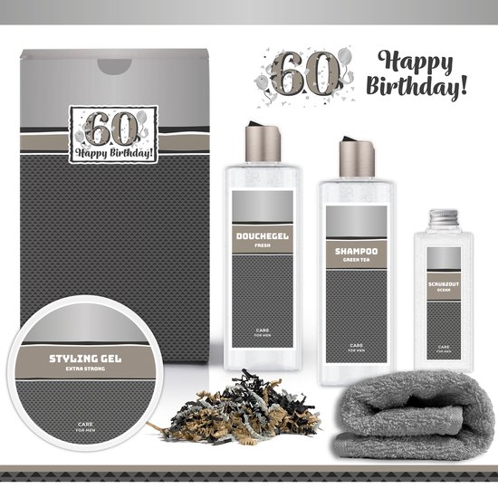 Geschenkset “60 Jaar Happy Birthday!” - 5 producten - 900 gram | Giftset voor hem - Luxe wellness cadeaubox - Cadeau man - Gefeliciteerd - Set Verjaardag - Geschenk jarige - Cadeaupakket vader - Vriend - Broer - Verjaardagscadeau - Zilver