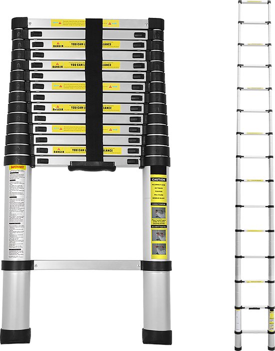 Telescopische Vouwladder - Telescopische Ladders - Soft Close - Werkhoogte 4,4 m - zilverachtig