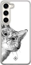 Casimoda® hoesje - Geschikt voor Samsung Galaxy S23 - Kat Kiekeboe - 2-in-1 case - Schokbestendig - Illustratie - Verhoogde randen - Wit, Transparant