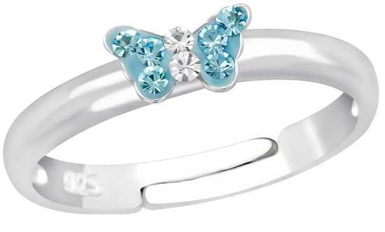 Joy|S - Zilveren vlinder ring - verstelbaar - blauw kristal - voor kinderen