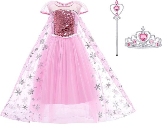 Prinsessenjurk meisje - Elsa jurk -Verkleedjurk - Het Betere Merk - maat 110 (120) - Tiara - Kroon - Toverstaf - Verkleedkleren Meisje - Prinsessen Verkleedkleding - Carnavalskleding Kinderen - Roze