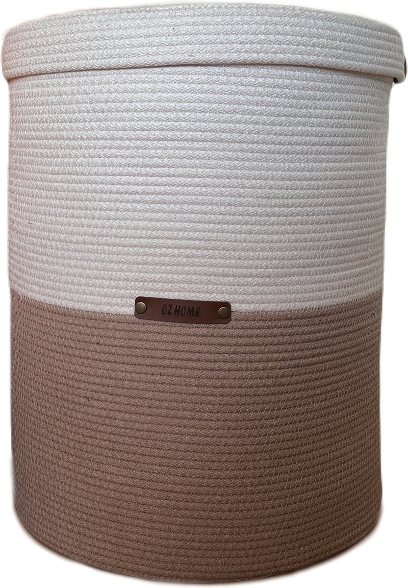 OZ Home - Mand met Deksel - Beige/Wit - Duurzaam & Functioneel - Voor Grote Opslag en Organisatie