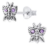 Joy|S - Zilveren vlinder oorbellen - geoxideerd - paars kristal - 7 x 8 mm