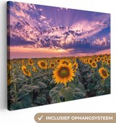 Toile - Peinture fleurs - Tournesol - Soleil - Nuages - Soir - Décoration murale - Photo sur toile - Canvasdoek - 160x120 cm - Salon