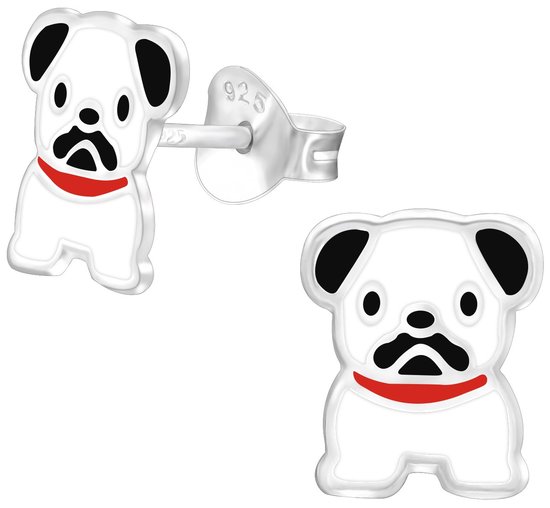 Joy|S - Zilveren hond oorbellen - wit zwart met rode halsband - 7 x 9 mm - voor kinderen