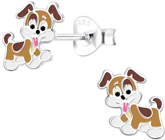 Joy|S - Zilveren hond oorbellen - 8 mm - bruin wit - kinderoorbellen