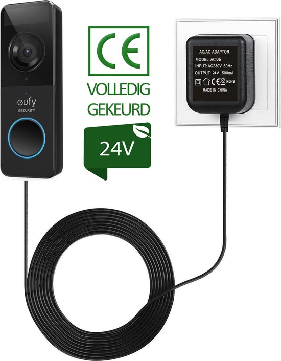 JC's - Transformator voor Eufy video deurbel - Adapter voor Eufy video deurbel - 24 volt - 5 meter kabel - deurbel adapter 24 volt